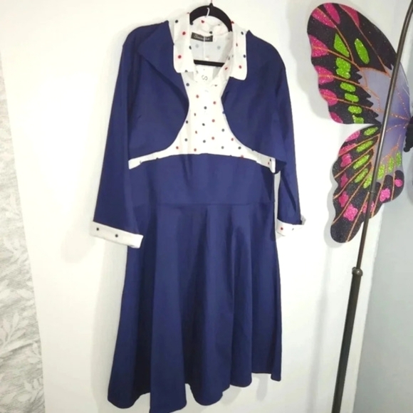 Sucrefas Dress Pin-up Red White Blue Polka-dot w/ Jacket & Tags XXL US 12 - Picture 1 of 14